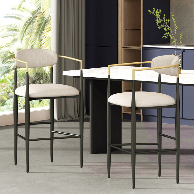 Ensemble de 2 tabourets de bar rembourrés avec dossier et pieds en fer pour îlot de cuisine, Beige