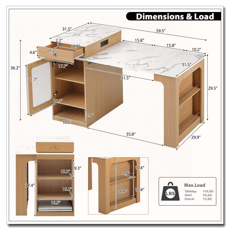 59.5"Kitchen Island With Extendable Dining Table, Kitchen Storage Table With Double-Sided Storage, Kitchen Island With 2 Drawers, Power Outlet, Side Open Shelves, For Kitchen