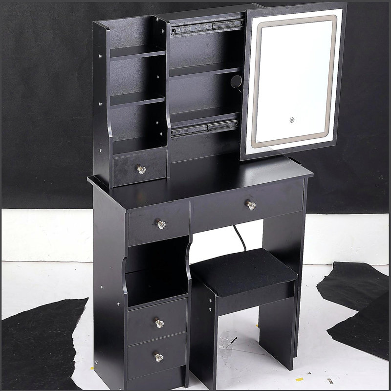 Petit meuble-lavabo de 29,2 po avec tabouret de bureau et tabouret rembourré à gauche 29,2 po, grande commande tactile, interrupteur tricolore, miroir à luminosité réglable, rangement à grande capacité, convient aux petits espaces