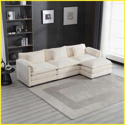 Modern Chenille Boucle L-Shape Sectional Sofa - Oversized 3-Seat with Detachable Armrests, Movable Pedals &amp; Washable Cover for Living Room