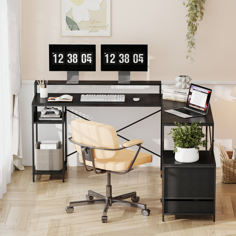 2-in-1 Convertible L-Shaped or Straight Computer Desk with Fabric Drawers, CPU Shelf & Built-in Power Outlets, Black