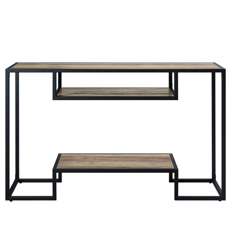 Table avec finition en chêne rustique et noir, base en métal et compartiments de rangement