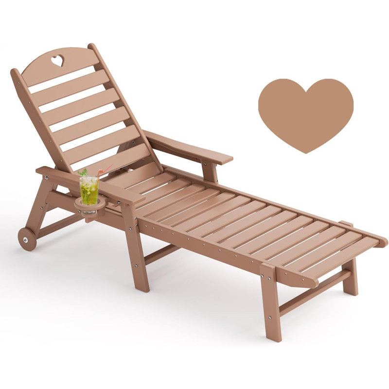 Chaise Lounge Chair Outdoor with Wheels & Cupholder | Oversize HDPE 6-Position Pool Lounge Chairs, Teak