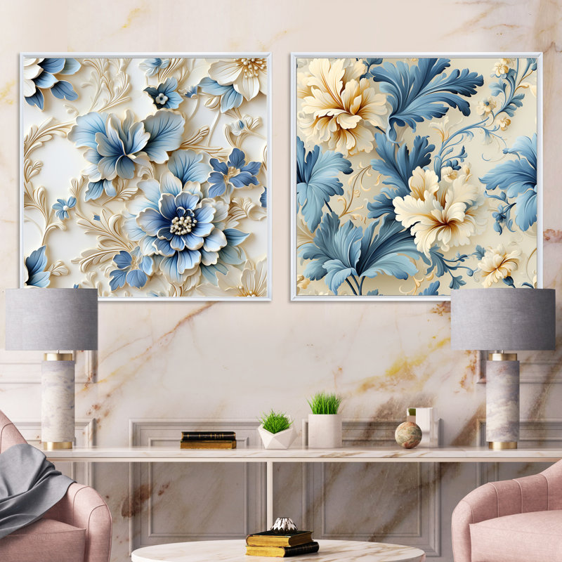Felicien - Ensemble de 2 collages floraux carrés, H 16 po x l 33 po, Cadre flottant blanc