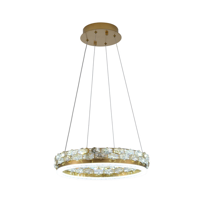 Luminaire suspendu en laiton 1 lumière DEL avec détails en cristal, 16", Laiton, 30 W