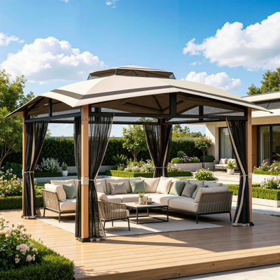 11 Ft. x 11 Ft. Steel Frame Soft Top Gazebo with Double-Tier Beige Canopy, Ceiling Hook & Mosquito Netting