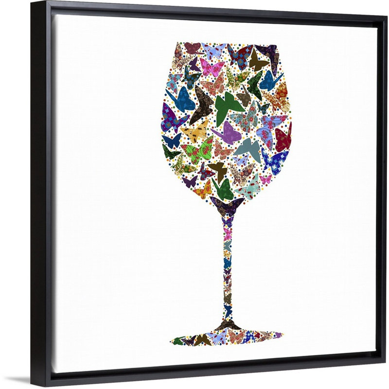 « wine glass party i », peinture sur toile, H 21,7 po x l 21,7 po x p 1,75 po, Cadre flottant noir