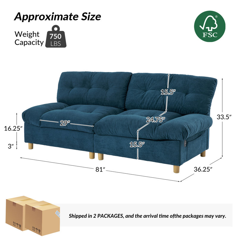 Canapé à dossier capitonné de 81 po de large avec deux ports de chargement USB Bauch, Bleu