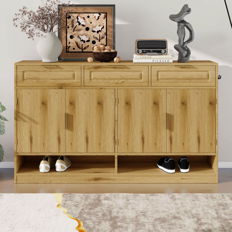 59.1" Farmhouse Sideboard Buffet With 3 Drawers & 4 Doors, Storage Cabinet With Adjustable Shelf & Open Compartments, Natural
