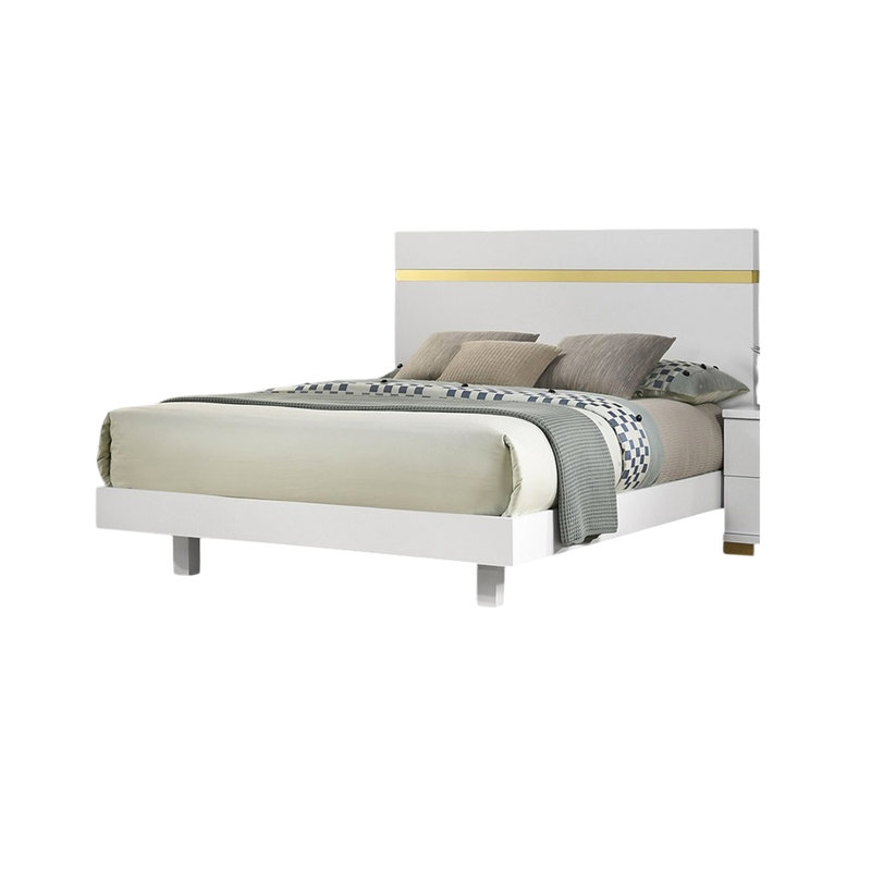 Modern Queen Bed In White/Gold, Underbed Led, Acrylic Trim, Engineered Wood And Rubberwood, Casual Style, Mattress Ready, Proof