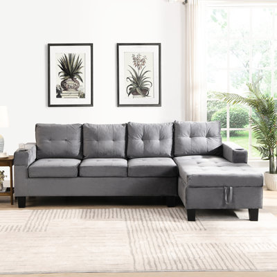 4 Seat Grey With Chaise Lounge, Cup Holder And Storage Unit For Living L-Shaped Velvet Sectional Right Hand