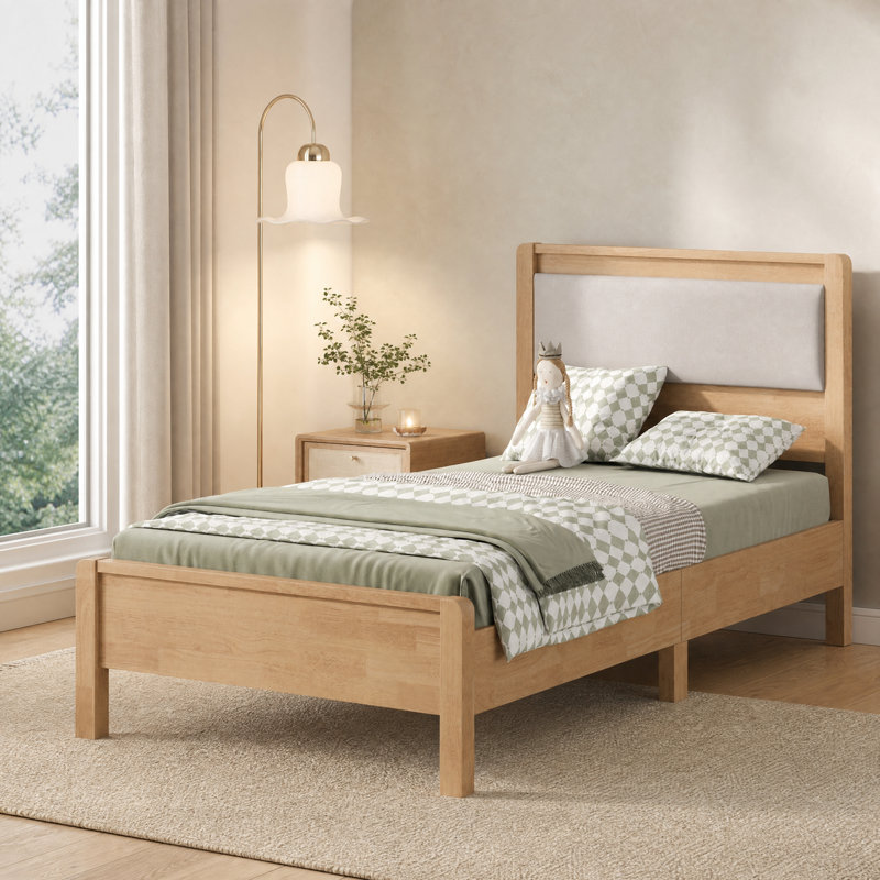 Cadre de lit en bois double XL avec tête de lit rembourrée et sommier à lattes, Naturel