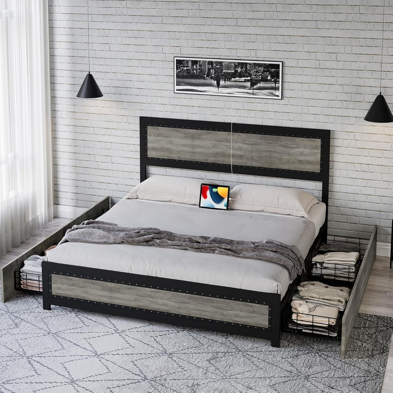 Structure de lit double avec 4 tiroirs de rangement et station de charge, plateforme de décoration Rivet, aucun sommier nécessaire, gris