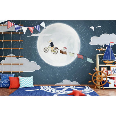 Peel And Stick Night Sky Fox Midnight Full Moon Books Clouds Wallpaper