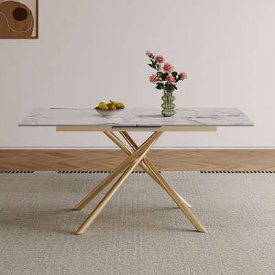 Modern Rectangle Expandable Dining Table Retractable Leaf Sandblasted Top Carbon Steel X-Base 4-6 Person