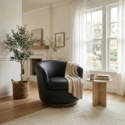 Fauteuil d'appoint pivotant en cuir véritable italien avec base en bois, entièrement assemblé