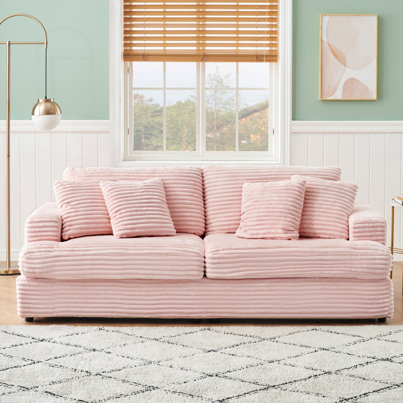 Canapé en velours 3 places avec 4 coussins décoratifs Corduroy, H 35 po x l 88,58 po x P 35 po, Rose