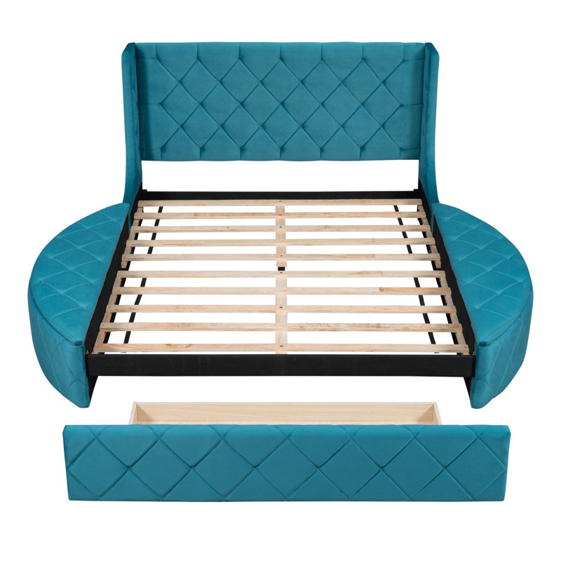 Lit plateforme tapissier moderne avec 1 grand tiroir, 2 tabourets de rangement latéraux, cadre de lit moderne pour chambre d'amis