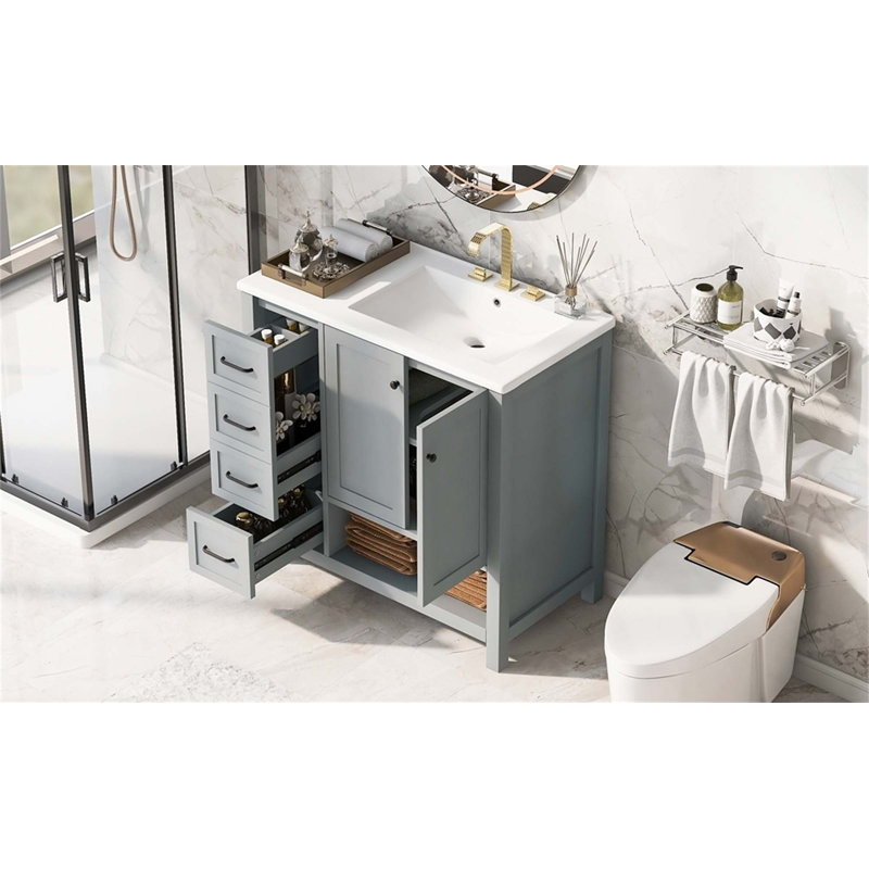 Meuble-lavabo élégant et durable avec lavabo, deux portes, deux tiroirs et une tablette ouverte pour les salles de bain modernes