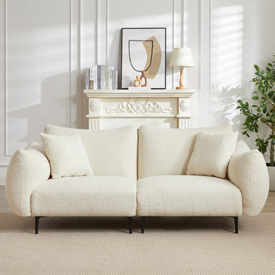 Oversized Loveseat Sofa For Living Room, Sherpa Sofa With Metal Legs, 2 Seater Sofa, Solid Wood Frame Couch With 2 Pillows, For Apartment Office Living Room - White