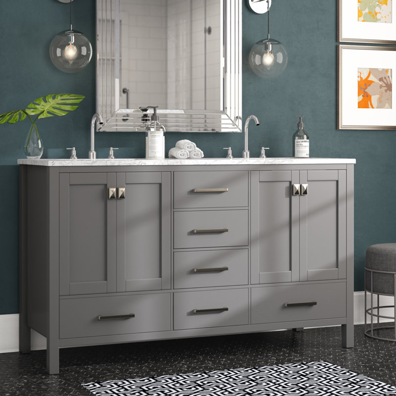 Minnich 60"W x 22"D Double Sink Bathroom Vanity with White Carrara Countertop and Undermount Porcelain Sinks, Gray