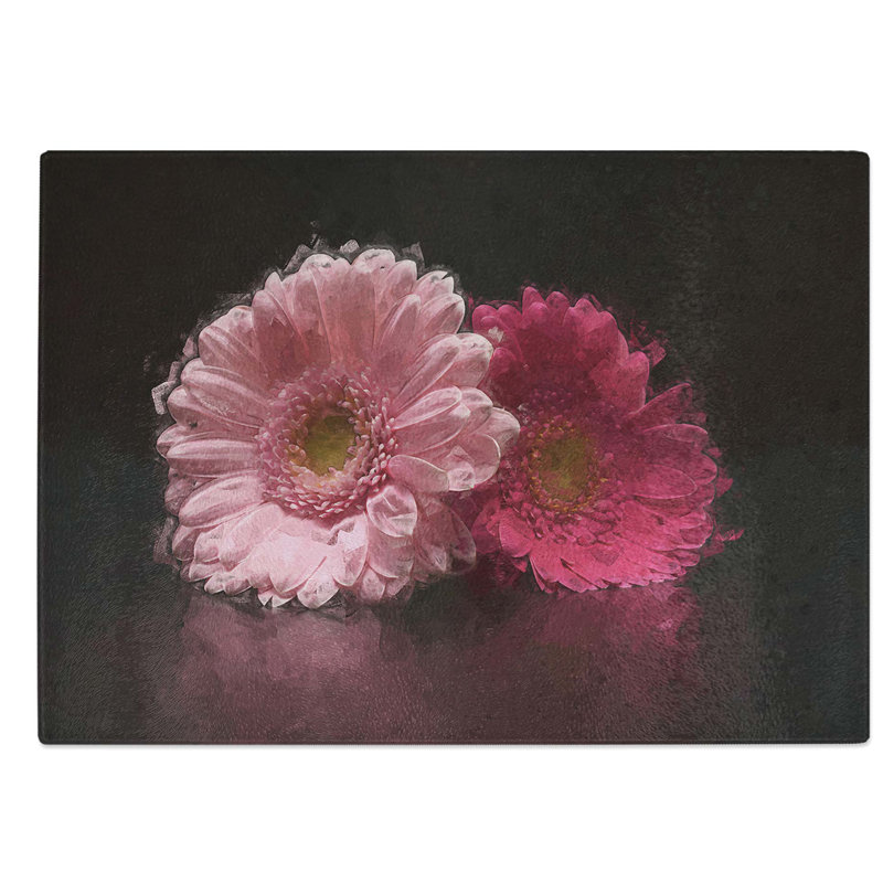 Tempered Glass Two Pink Gerbera Flowers in Abstract Chopping Board, 39 cm W x 28.5 cm L