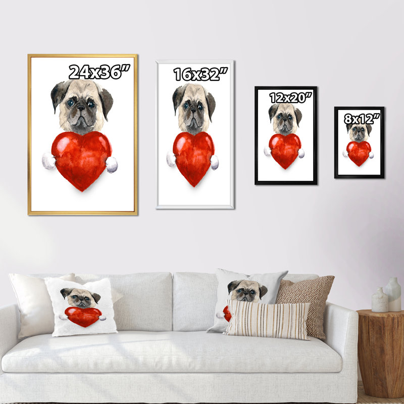 Petit chien tenant un cœur de Saint-Valentin - décoration murale pour enfants, art sur toile, H 32 po x l 16 po x P 1 po