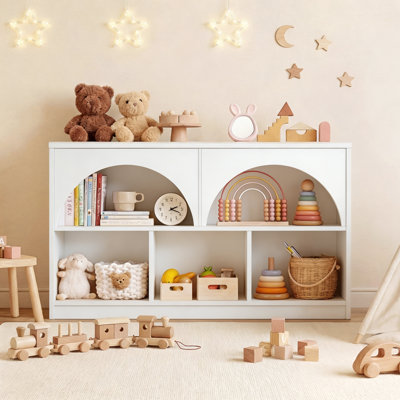 Avdain  43"W Arched Montessori Kids Bookshelf and Toy Storage Organizer, Low Bookcase with Open Shelves and 3 Cubbies
