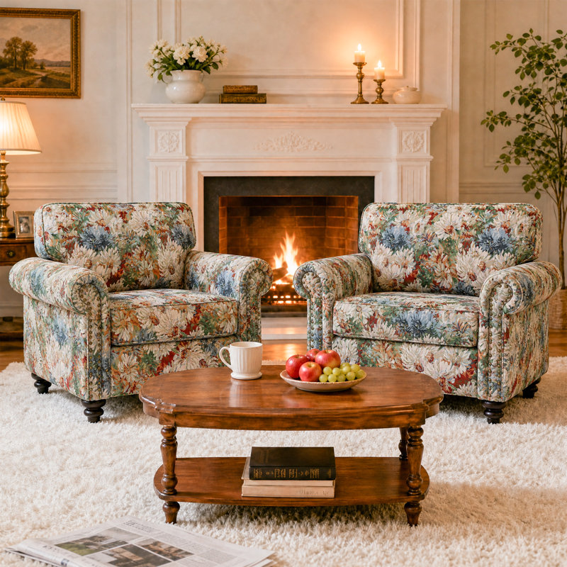 Fauteuil rembourré en mélange de coton avec accoudoirs arrondis et garniture cloutée (ensemble de 2), Fleurs orange