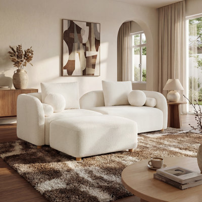  91" L-Shaped Boucle Sectional Sofa, Upholstered Curved Couch with Movable Ottoman and 6 Accent Pillows for Living Room and Apartment