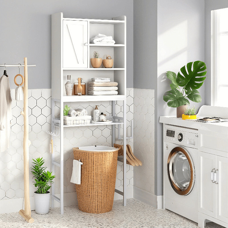 Armoire de rangement au-dessus de la toilette, armoire de rangement au-dessus de la toilette peu encombrante, organisateur de salle de bain autoportant avec tablette réglable, crochet en papier, organisateur de salle de bain moderne pour salle de bain, salle de lavage