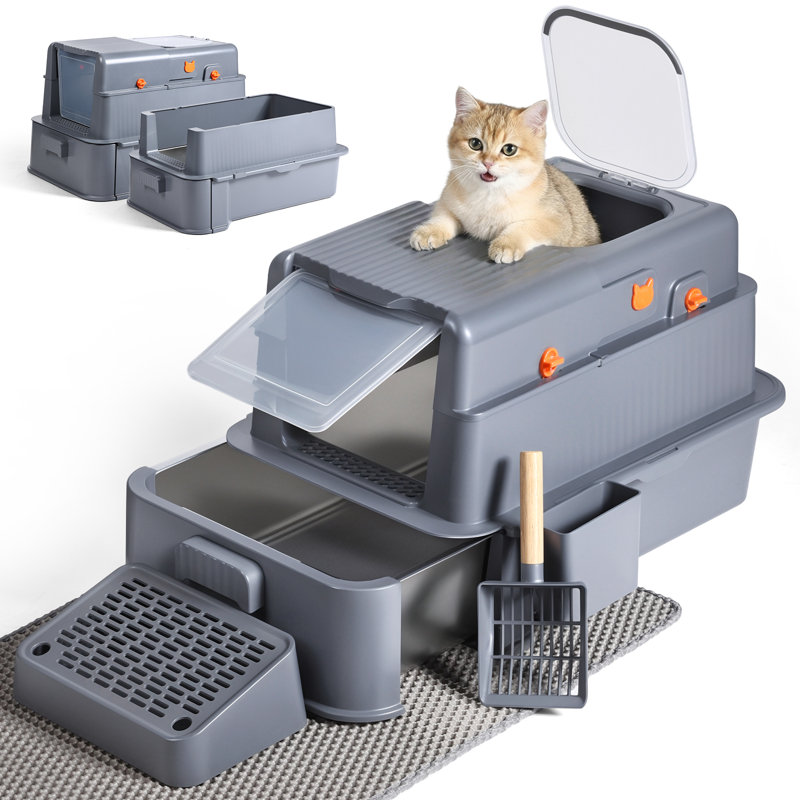 Très grand bac à litière pour chat en acier inoxydable avec tiroir - fermé, entrée avant et supérieure, avec couvercle et tapis, contrôle des odeurs, gris