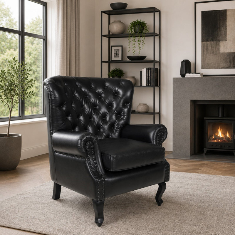 Genuine Leather Upholstered Armchair in Black