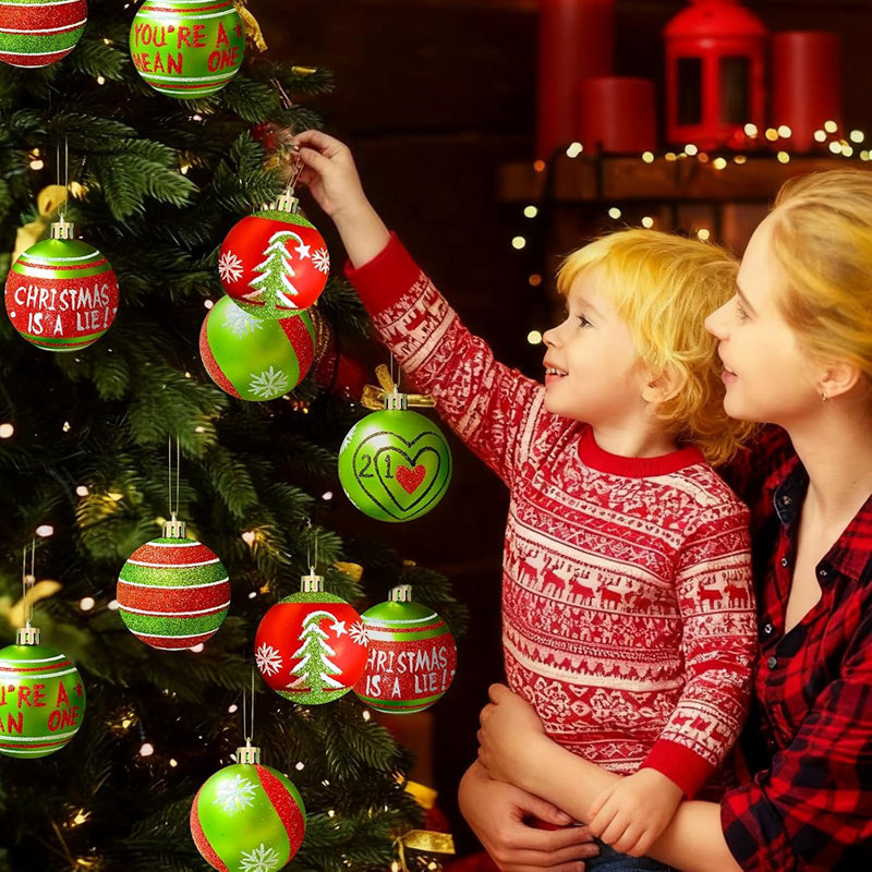 24 pièces de boules de Noël de 2,4 po - décorations suspendues rouge et vert à paillettes, canne de bonbon et menthe poivrée pour arbre de Noël et décorations des Fêtes