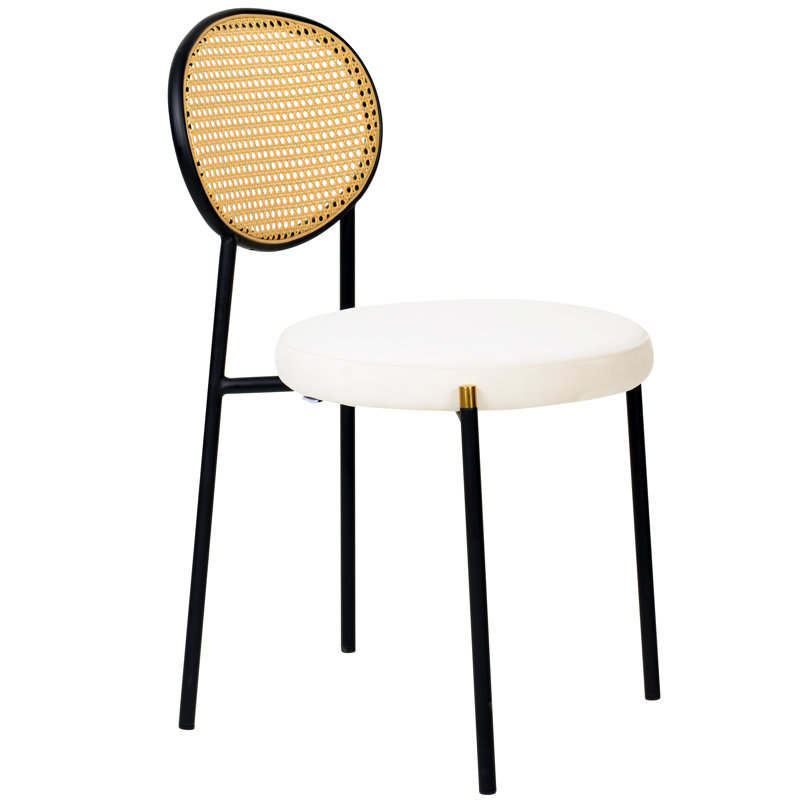 Aide Velvet/Leather Dining Side Chair with Rattan Back and Black Metal Legs – Mid-Century Boho Chair for Kitchen and Dining Room