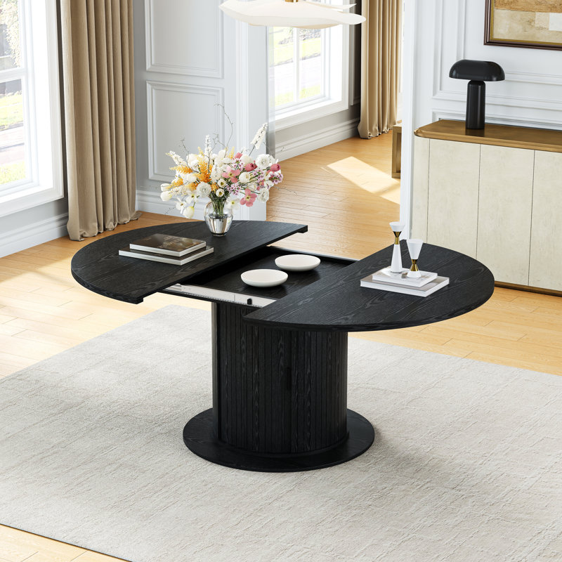 Modern 47" To 63" Expandable Round-To-Oval Dining Table With Fluted Pedestal Storage Cabinet And Reinforced Metal Frame