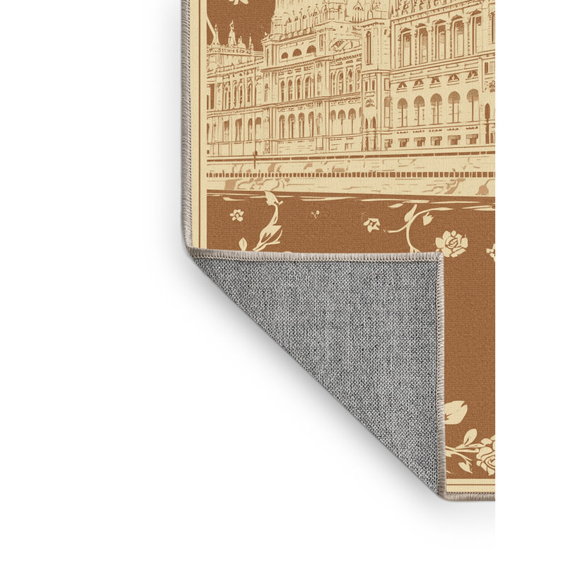 Machine Washable Pandelica Budapest Parliament Building Classic Floral Rug in Brown – Beige Binding, 3x5