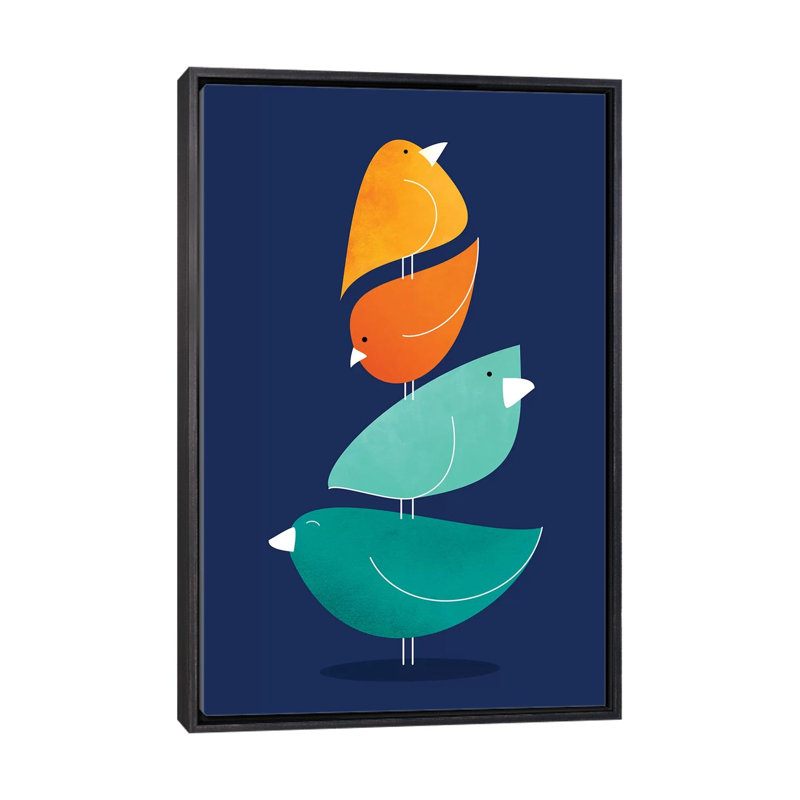 «Bird Stack I» par Modern Tropical - impression d'art graphique, H 26 po x l 18 po x 1,5 po, Toile avec cadre noir patiné