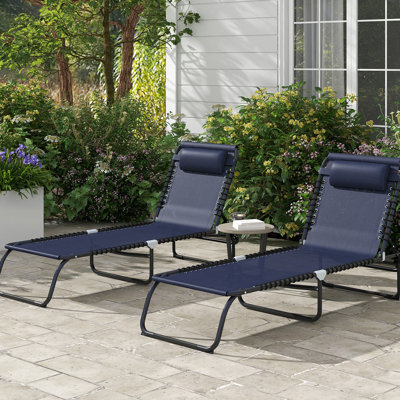 2 Folding Outdoor Chair , Dark Blue Sun Lounger With Reclining Back, Pillow, Breathable Mesh & Bungee Spot Poolside Chair, Lounge Mesh, Adjustable And Seat For Relaxation Time