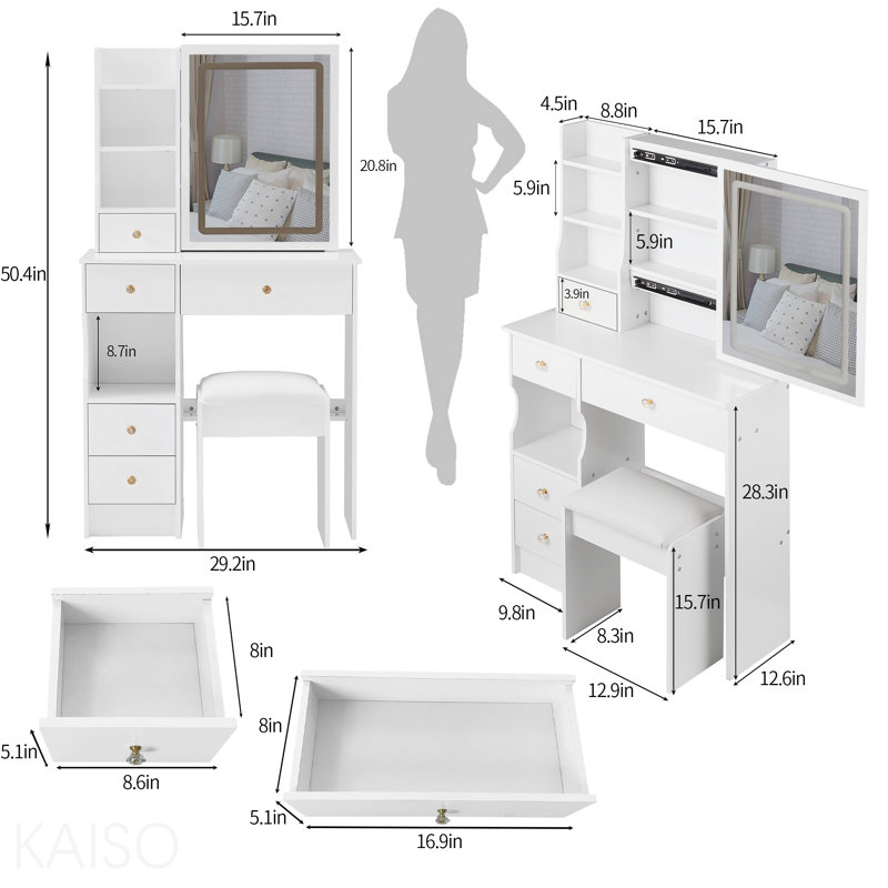 Petit meuble-lavabo de 29,2 po avec tabouret de bureau et tabouret rembourré à gauche 29,5 po, grande commande tactile, interrupteur tricolore, miroir à luminosité réglable, rangement à grande capacité, convient aux petits espaces