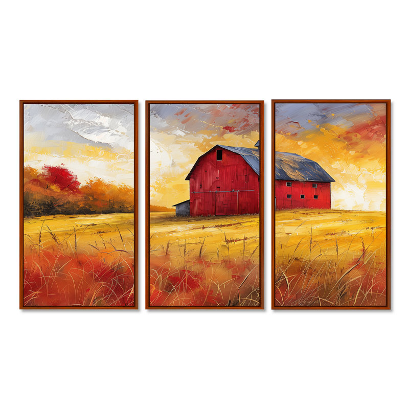 Automne rouge grange brise III - ensemble d'art mural de grange, Cadre flottant brun, H 32 po x l 48 po