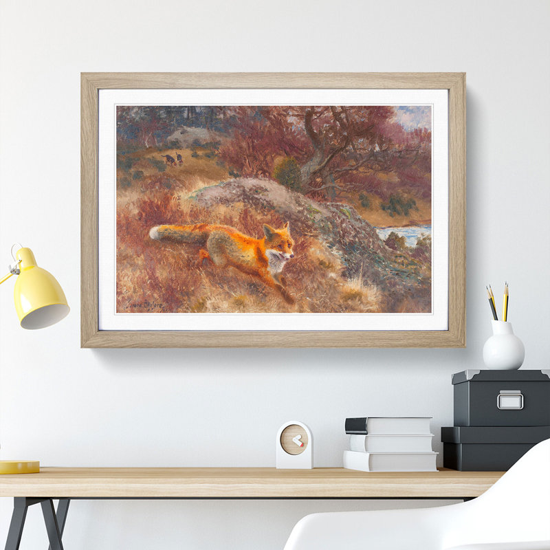 Fox and Hunting Dogs Vol.3 by Bruno Liljefors - Picture Frame Painting, 27cm H x 36cm W x 2cm D, Oak Framed