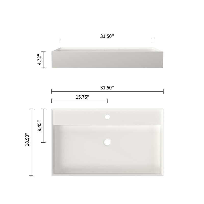 32'' Rectangular Stone Resin Wall Mounted Bathroom Sink with Overflow