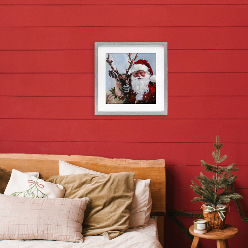 «Rosy Cheeked Santa & Reindeer», reproduction encadrée sous verre, design par Sara Culpepper, Cadre de ferme gris