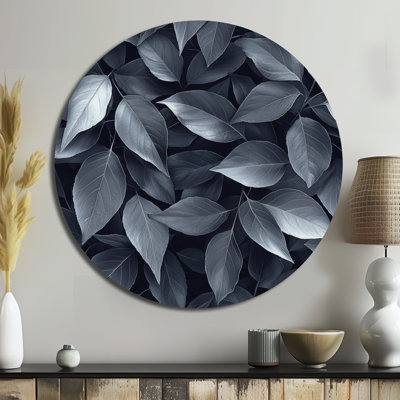 Slate Grey Leaves Beauty II - Leaves Round Metal Wall Decor, Traditional Grey Metal Art Print