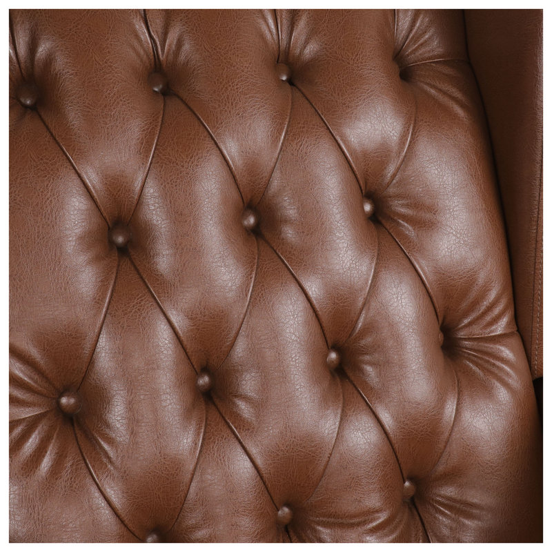 Chaise berçante à oreilles en polyuréthane brun clair avec coutures en losange capitonnées et structure en bois massif