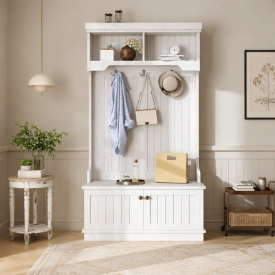 Hall Tree with Storage Shoe Bench for Entryway and Hallway, 4in1 Design Coat Racks with Hooks for Living Room, White