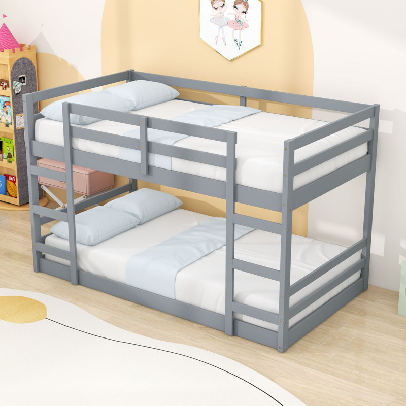 Wooden Bunk Bed With Slats And Ladder, Gray, Twin Over Twin
