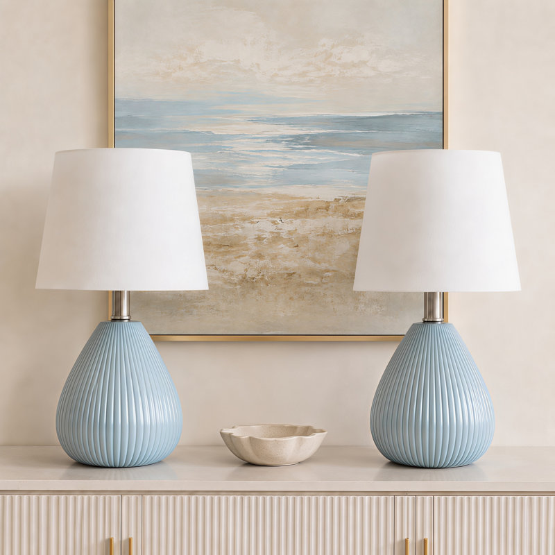 Novack 14.5" Modern Blue Ceramic Table Lamp Set with Pre-Assembled White Linen Shade, Blue