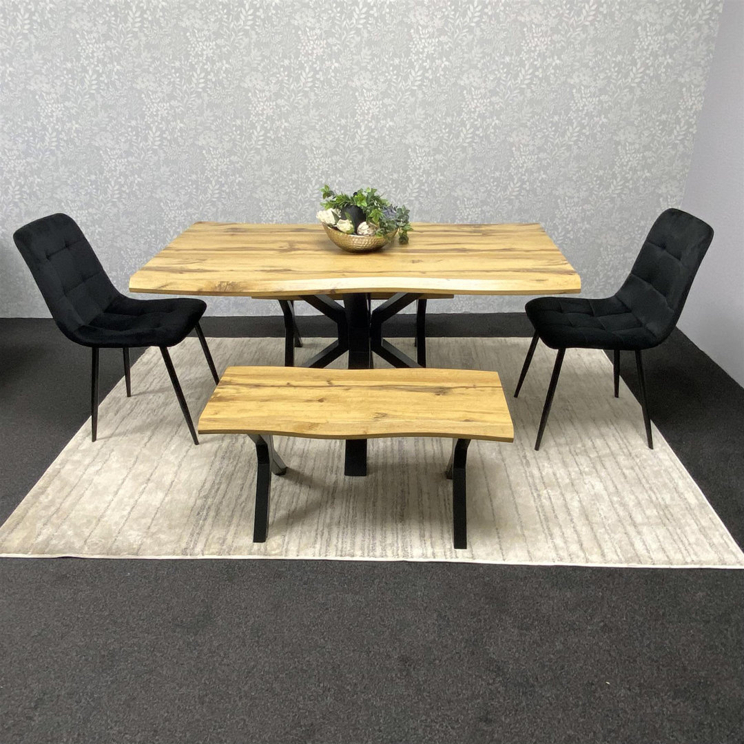 Wooden Brown Dining Table with Bench and 2 Velvet Chairs Dining Room Furniture